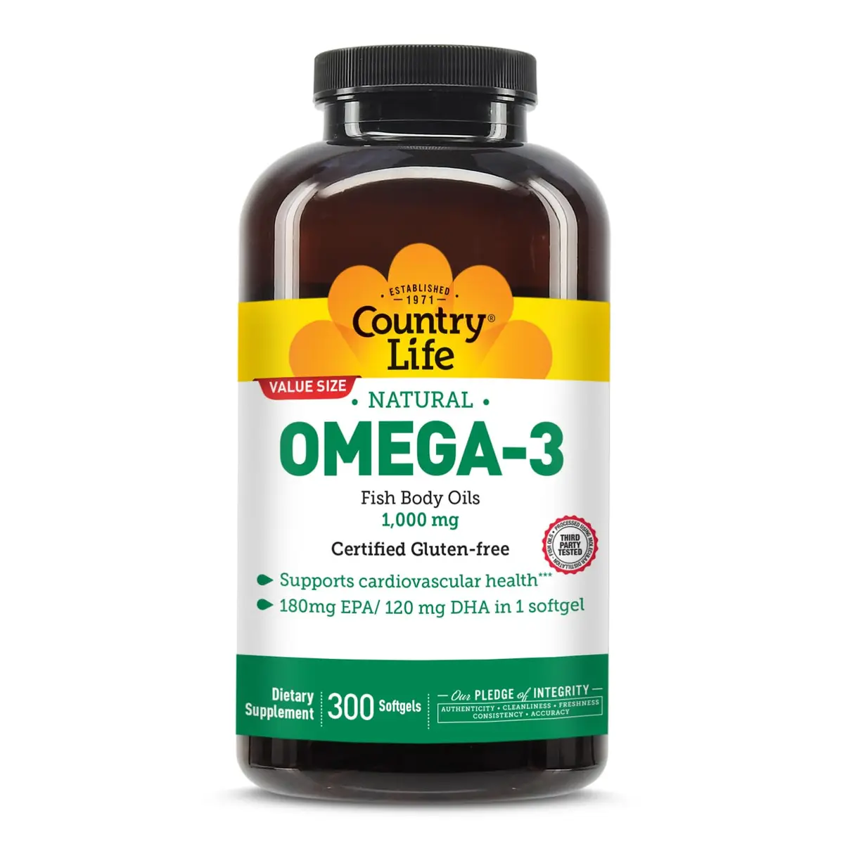 Country Life Omega-3 Fish Oil 1,000 mg | 180 mg EPA/120 mg DHA | 300 Softgels | Heart & Brain Support - main product image