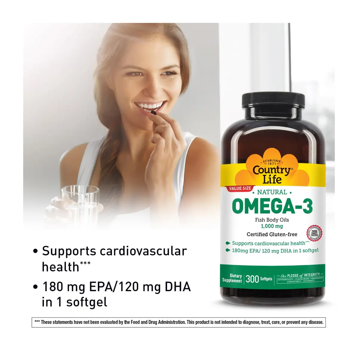 Country Life Omega-3 Fish Oil 1,000 mg | 180 mg EPA/120 mg DHA | 300 Softgels | Heart & Brain Support - view 2