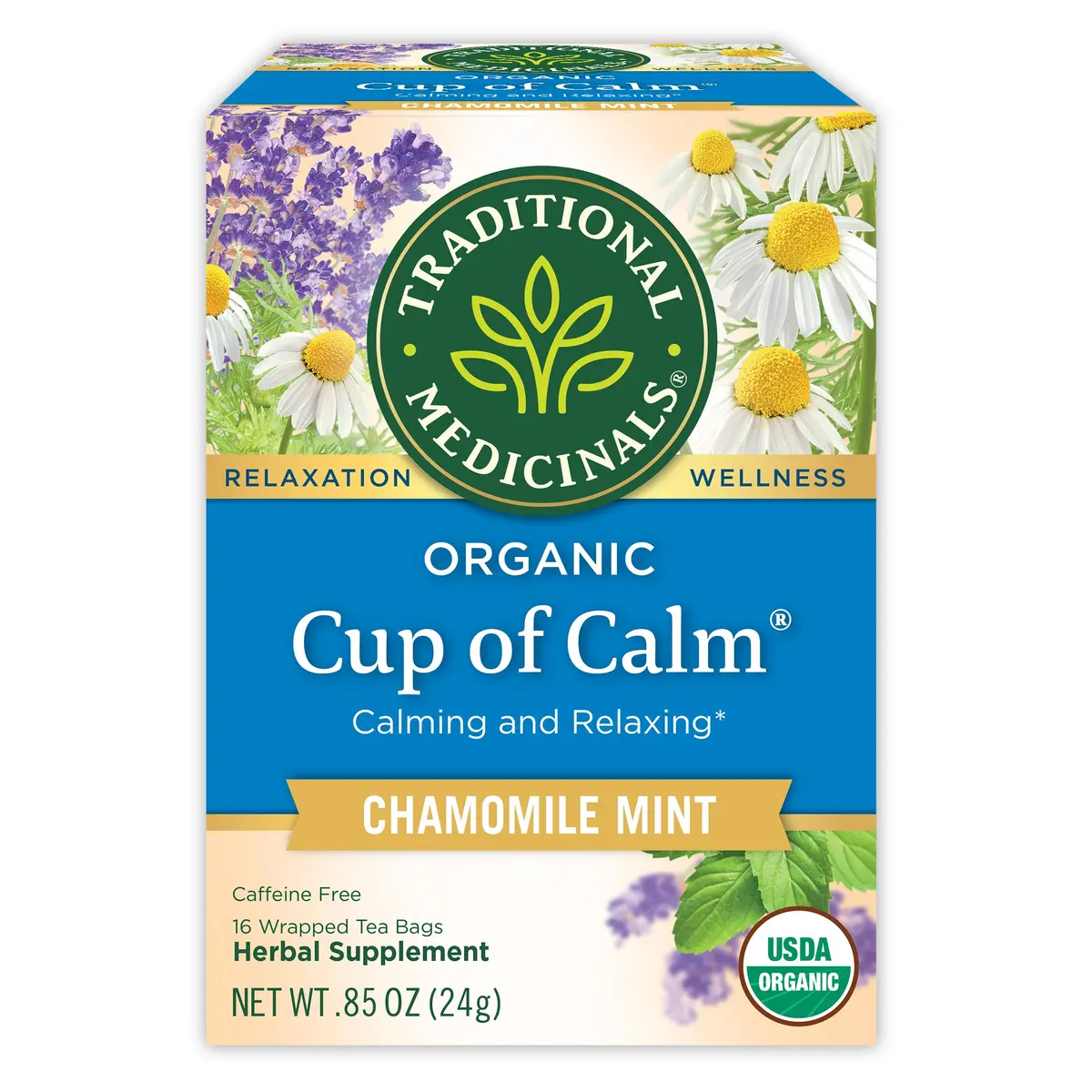 Traditional Medicinals Organic Cup of Calm Chamomile Mint Tea 16 Tea Bags | Calming & Digestive Support - main product image