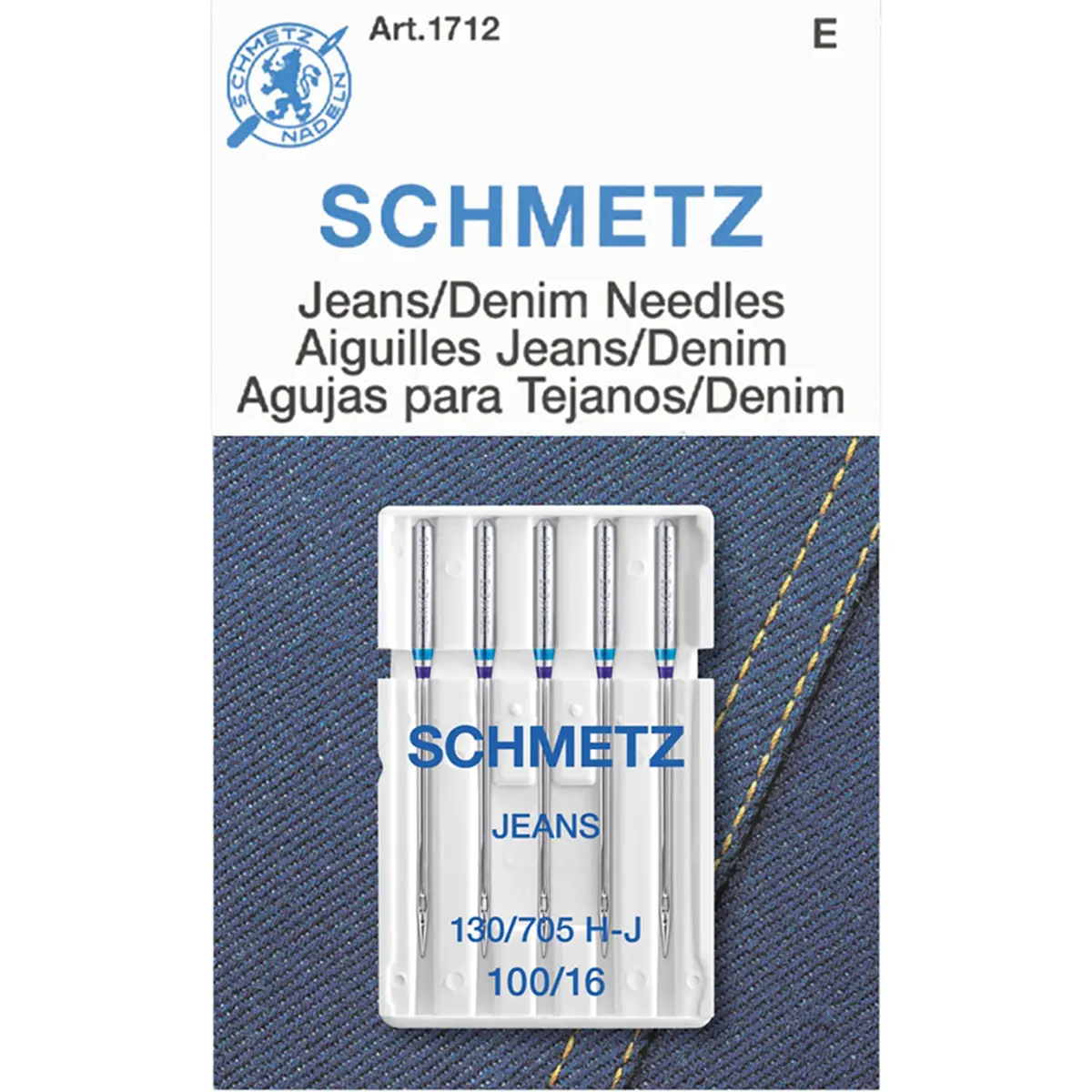 SCHMETZ Jean & Denim Machine Needles Size 16/100 (5/Pkg) | 8.2mm (0.32") Flat Shank for Home Machines - main product image