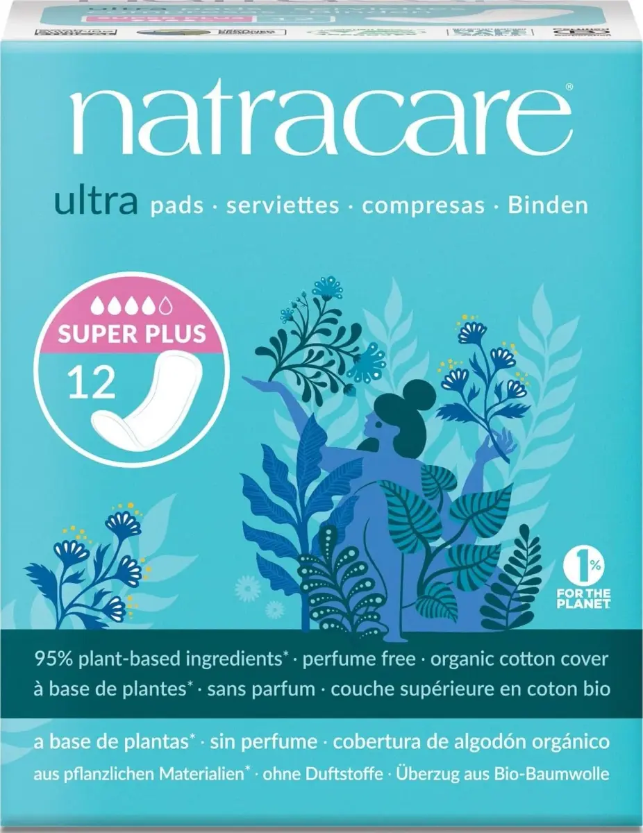 Natracare Slim Fitting Ultra Pads Without Wings, Super Plus, 12 Count (Pack of 1) | Certified Organic Cotton, Plastic-Free - main product image
