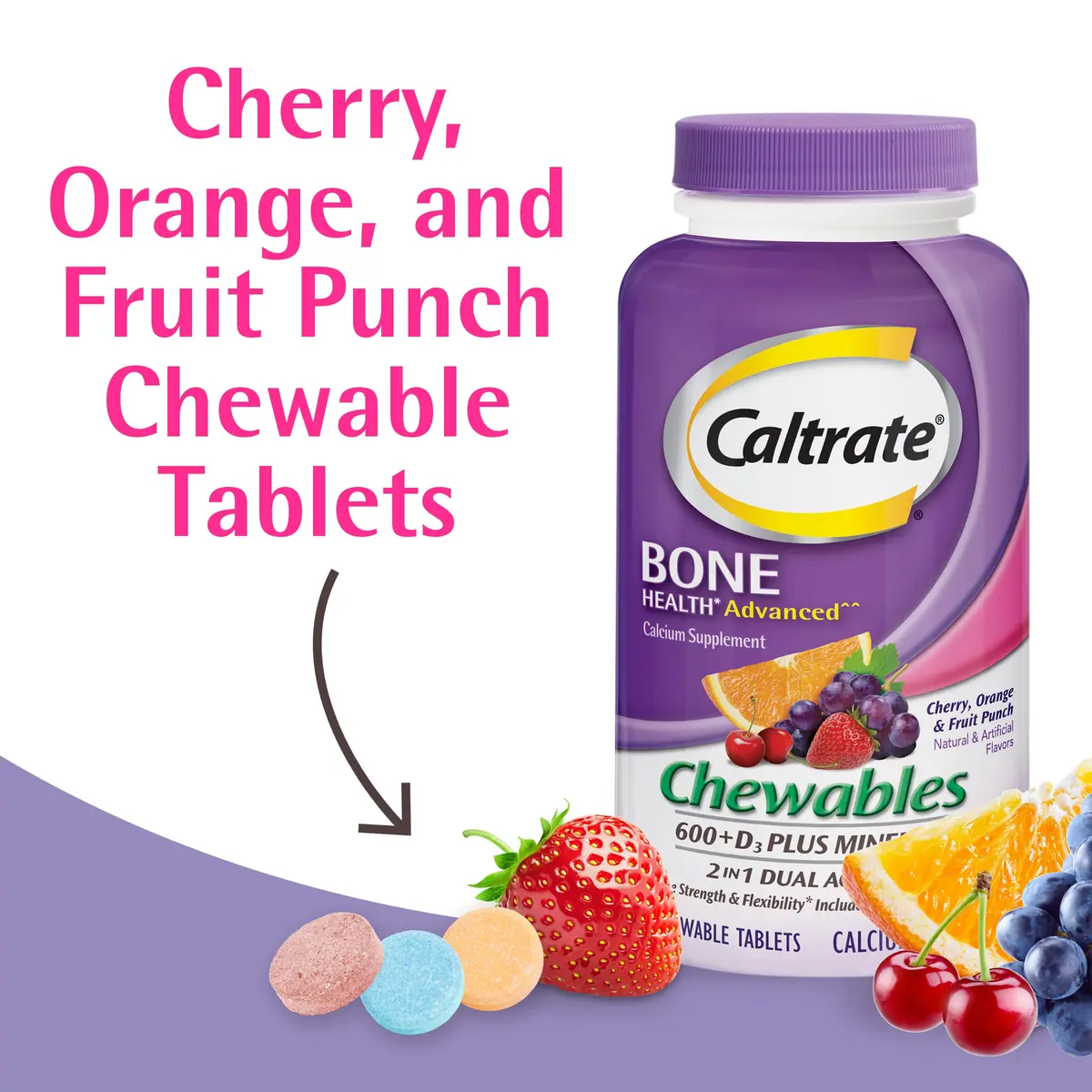 Caltrate Chewables 600 Plus D3 Vitamin D and Calcium Supplement | Sugar Free, Bone & Muscle Support (70-120 chars) - view 2