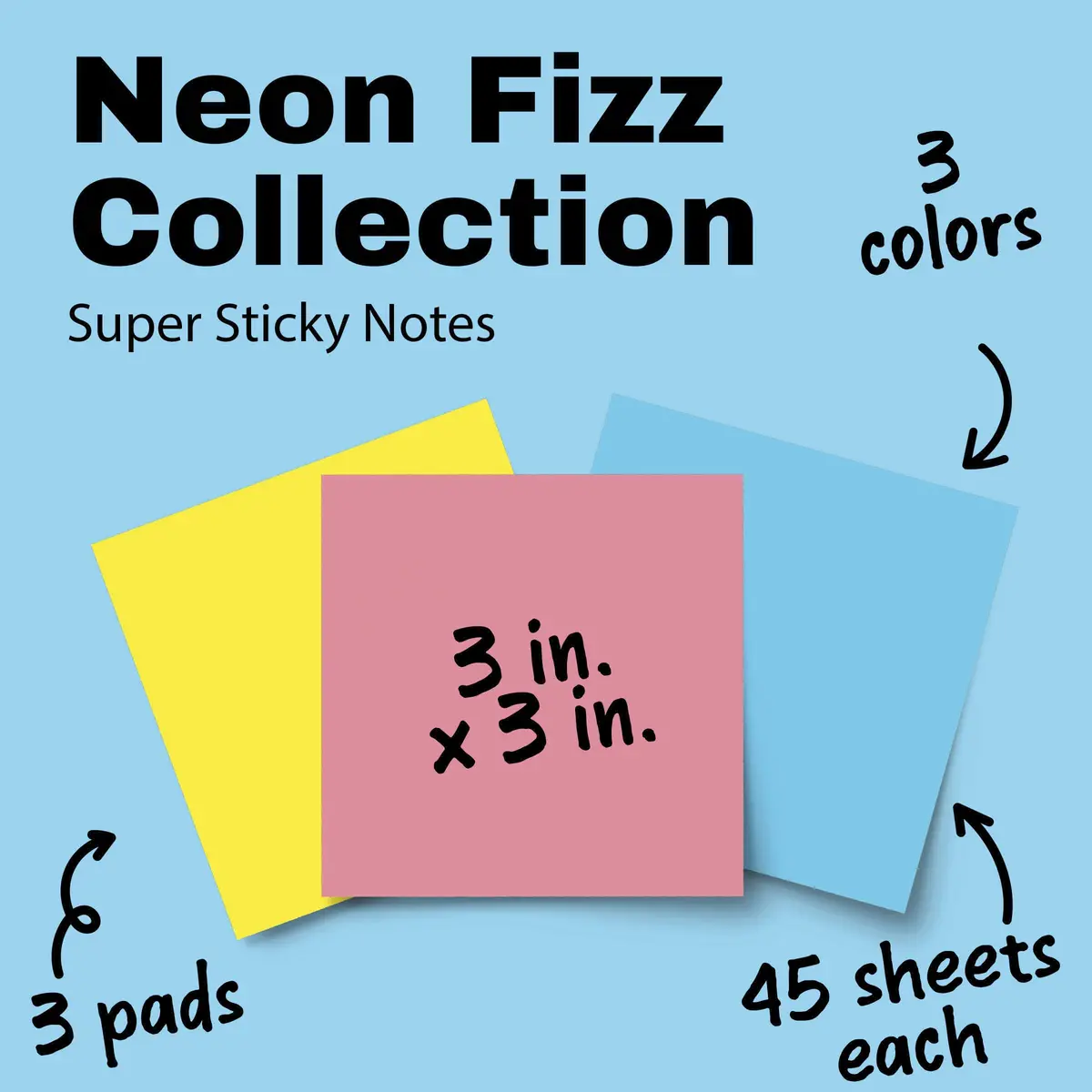 Post-it Super Sticky Notes, 3 x 3 in, Neon Fizz, 3 Pads, 45 Sheets/Pad | Vibrant Colors for Creative Reminders - view 2