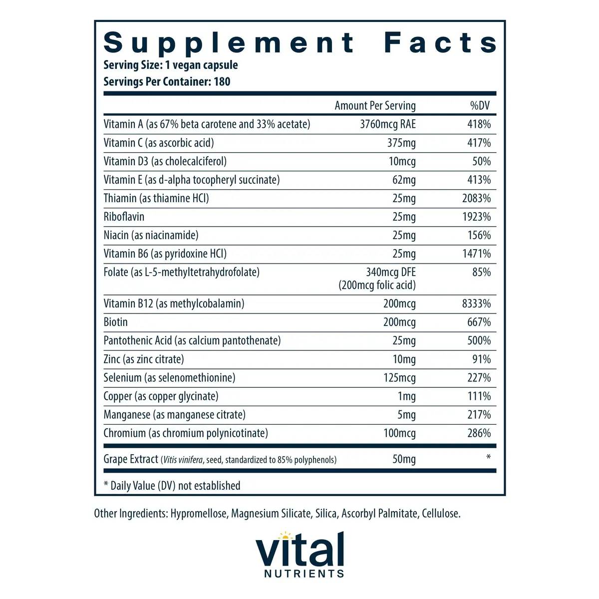Vital Nutrients Minimal and Essential Multivitamin 180 Capsules | Full-Spectrum, Methylated B Vitamins, Antioxidants, Unflavored - view 2