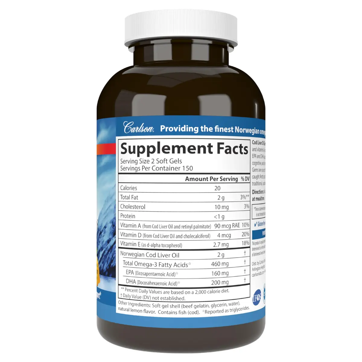 Carlson Cod Liver Oil Gems, 460 mg | Omega-3s, Lemon, 300 Softgels | Heart, Brain & Immunity Support - view 8