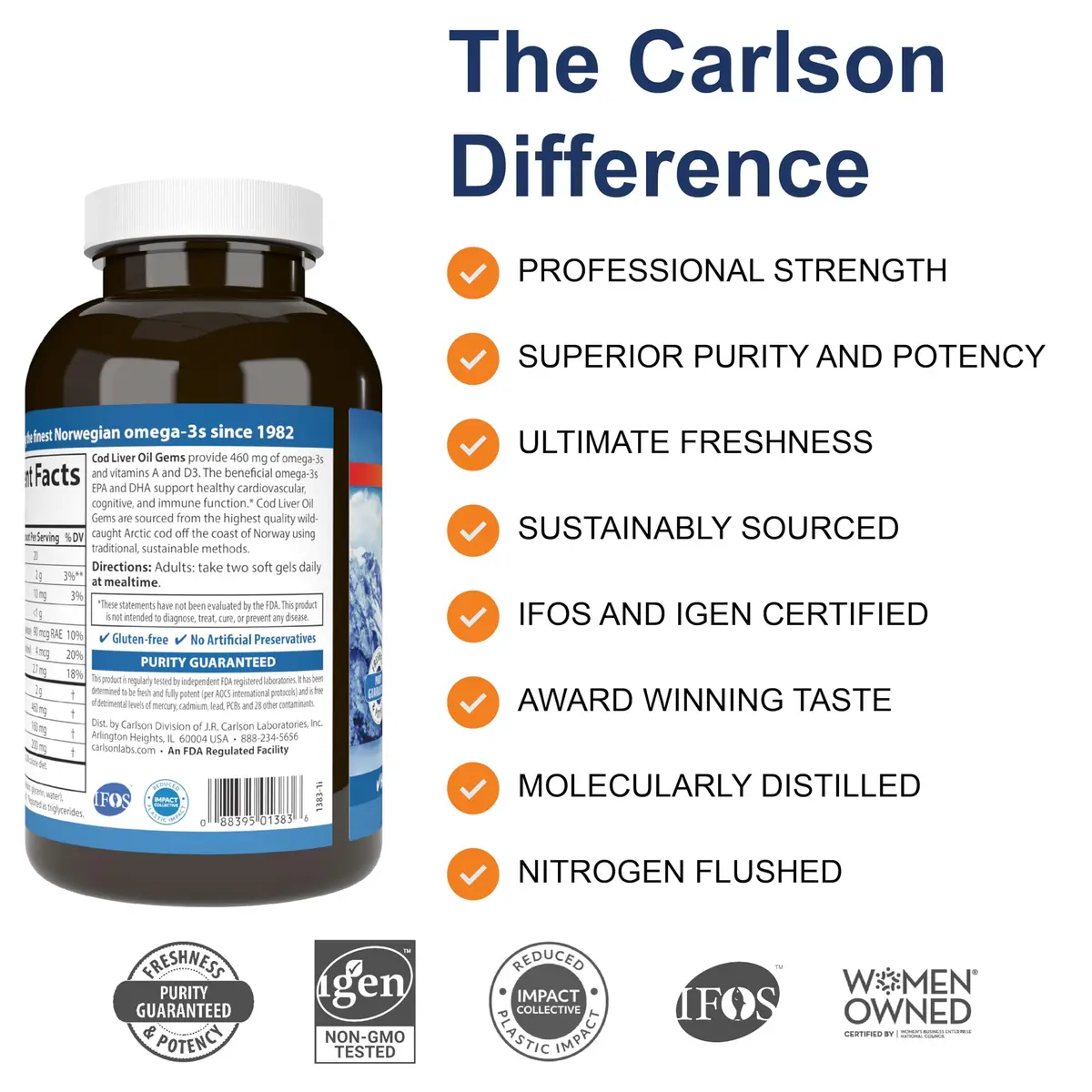 Carlson Cod Liver Oil Gems, 460 mg | Omega-3s, Lemon, 300 Softgels | Heart, Brain & Immunity Support - view 2
