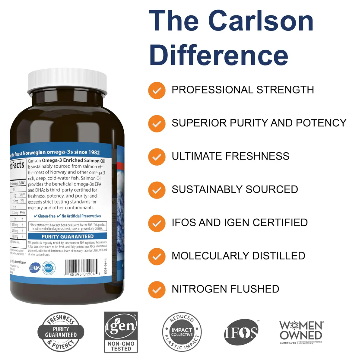 Carlson Salmon Oil 500 mg | Omega-3s for Heart, Brain & Joints | 180 + 50 Softgels - view 2