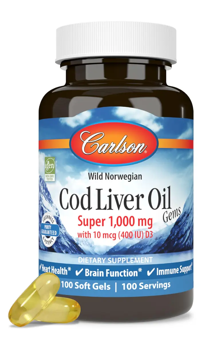 Carlson Cod Liver Oil Gems, Super 1000 mg, 250 mg Omega-3s, 100 Softgels | Supports Heart, Brain & Immunity - main product image