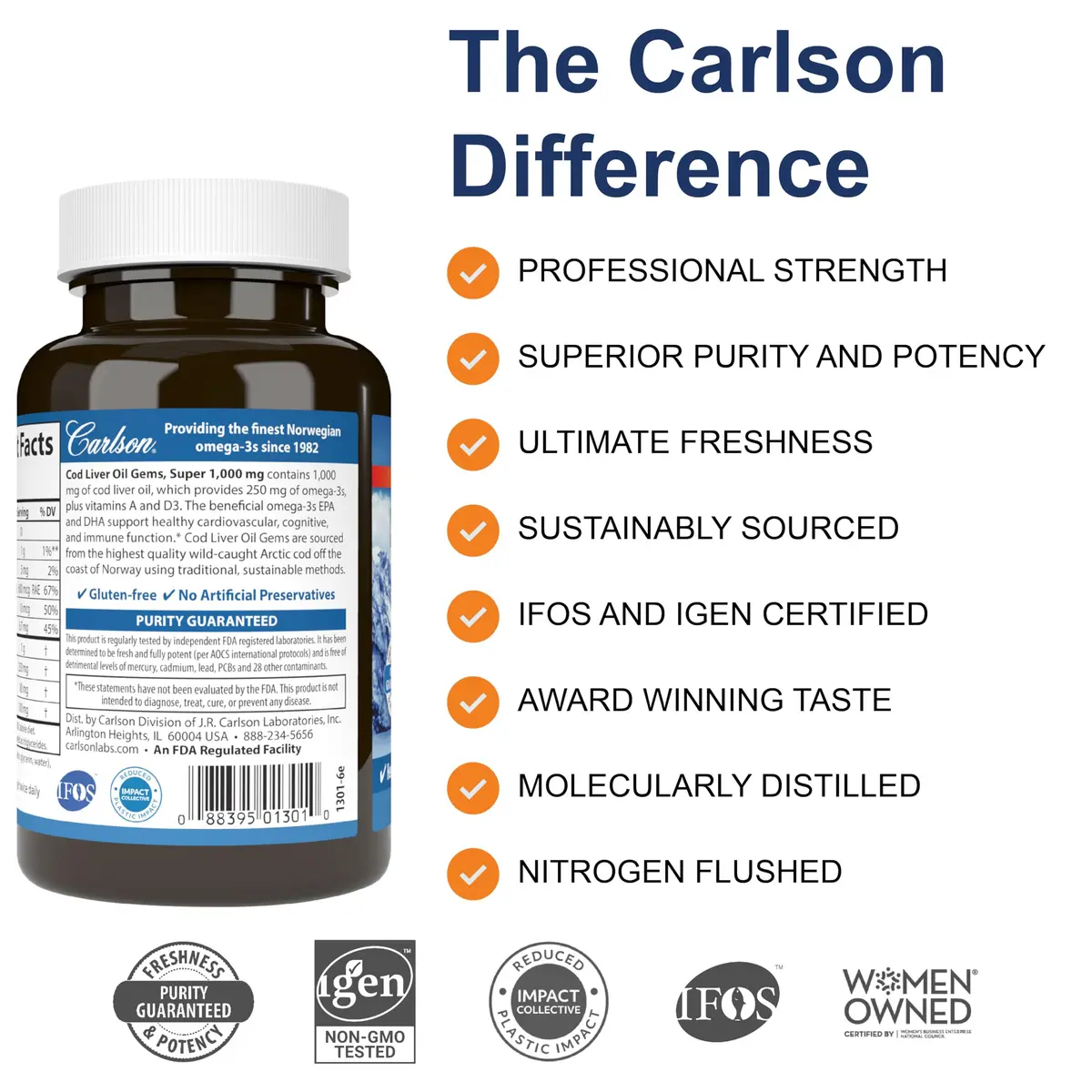 Carlson Cod Liver Oil Gems, Super 1000 mg, 250 mg Omega-3s, 100 Softgels | Supports Heart, Brain & Immunity - view 2