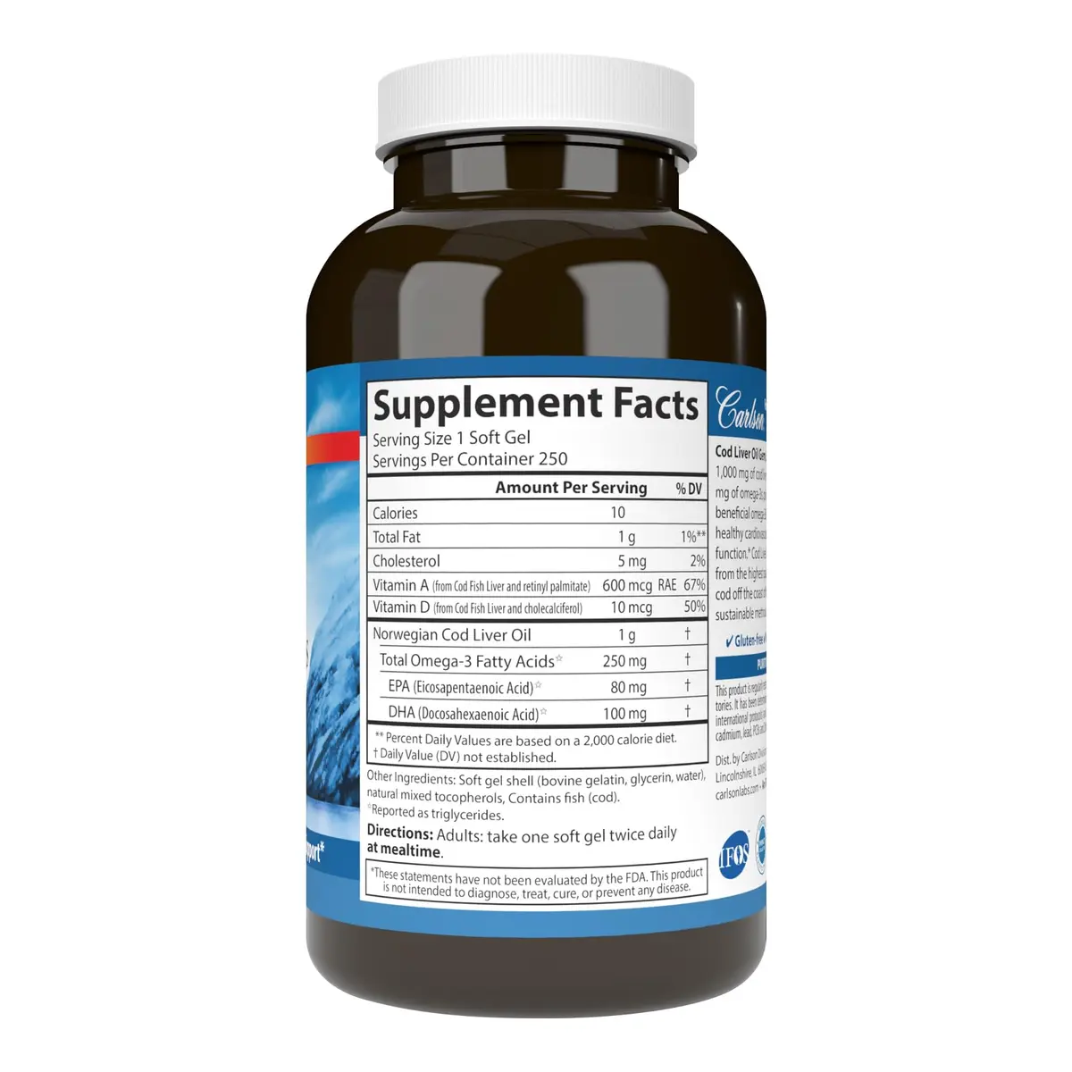 Carlson Cod Liver Oil Gems, Super 1000 mg, 250 mg Omega-3s, 250 Softgels | Heart, Brain & Vision Support - view 2