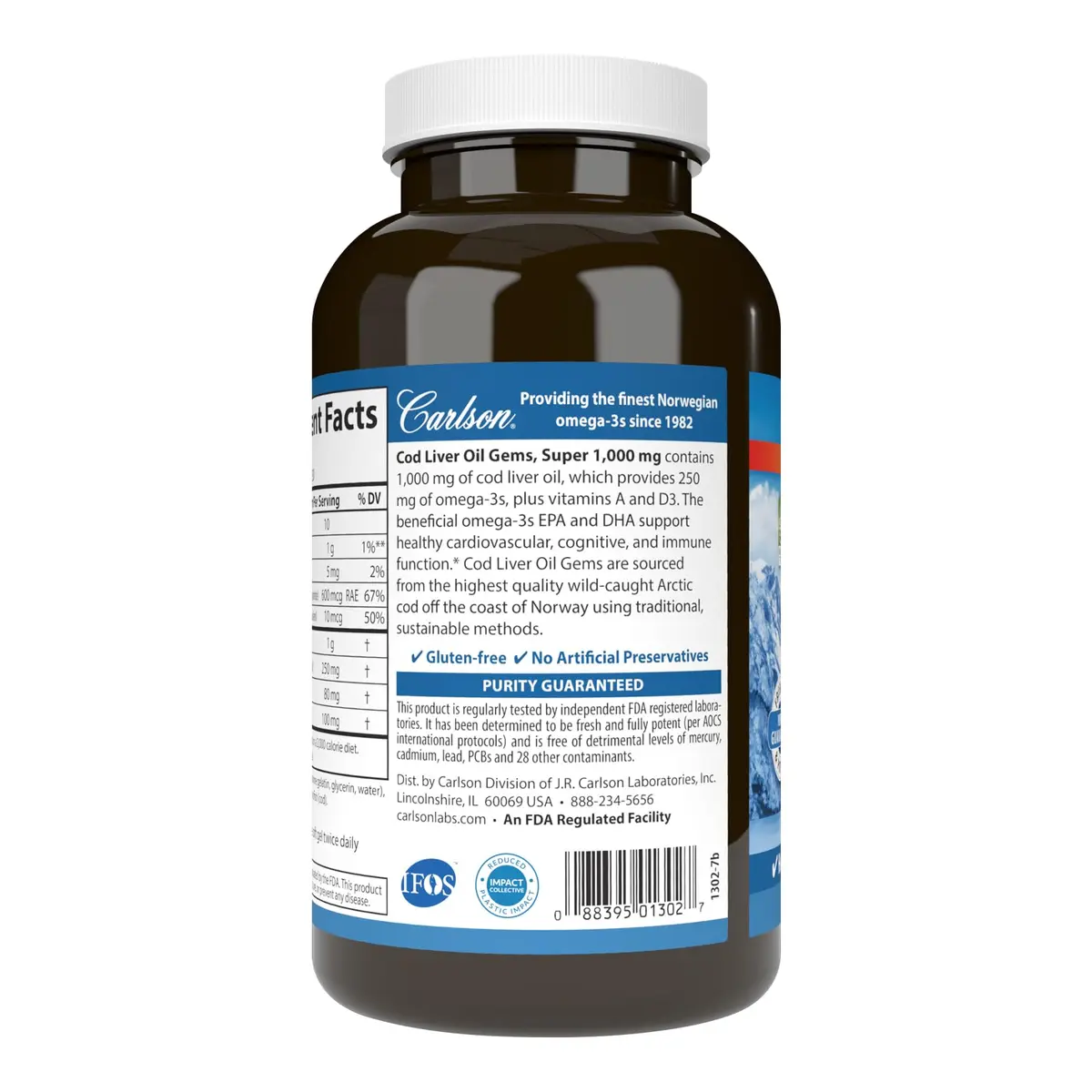Carlson Cod Liver Oil Gems, Super 1000 mg, 250 mg Omega-3s, 250 Softgels | Heart, Brain & Vision Support - view 3