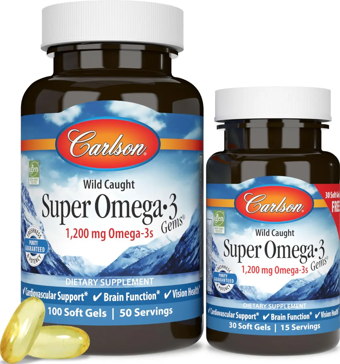 Carlson Super Omega-3 Gems, 1200 mg, Omega-3s, 100 + 30 Softgels | Supports Heart, Brain & Vision - main product image