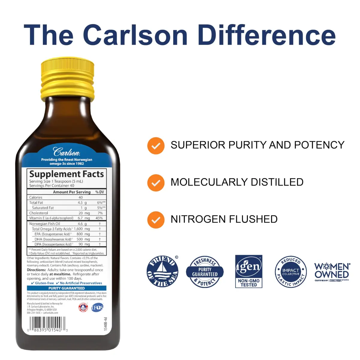 Carlson The Very Finest Fish Oil Liquid 200ml (6.7 Fl Oz) | 1600 mg Omega-3s per Teaspoon - view 2