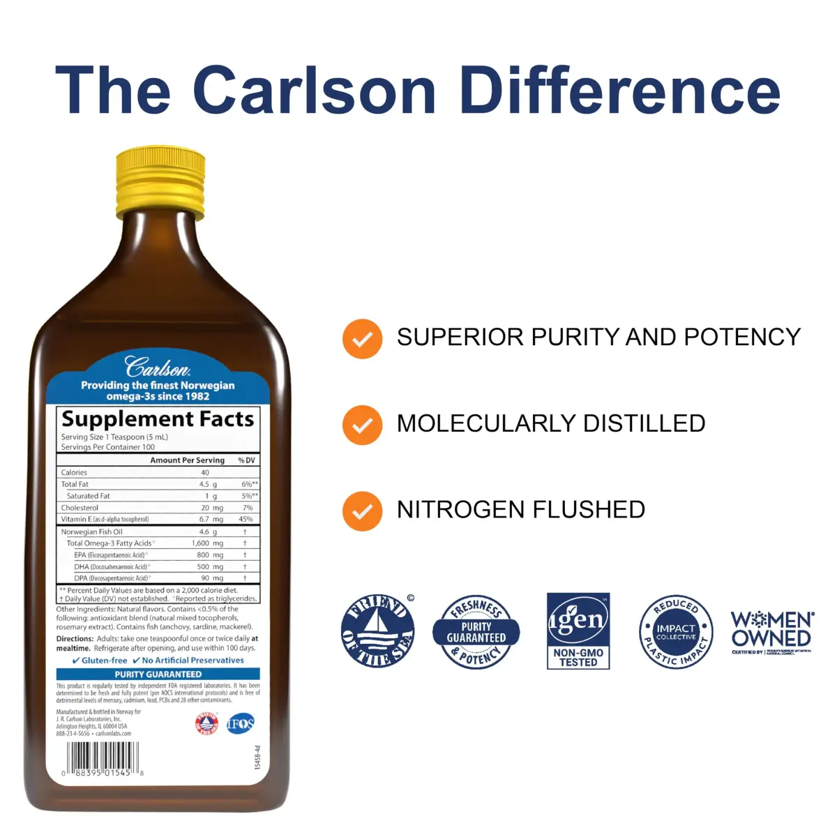 Carlson The Very Finest Fish Oil Liquid 500ml (16.9 Fl Oz) | 1600mg Omega-3s for Heart, Brain, Joints - view 2