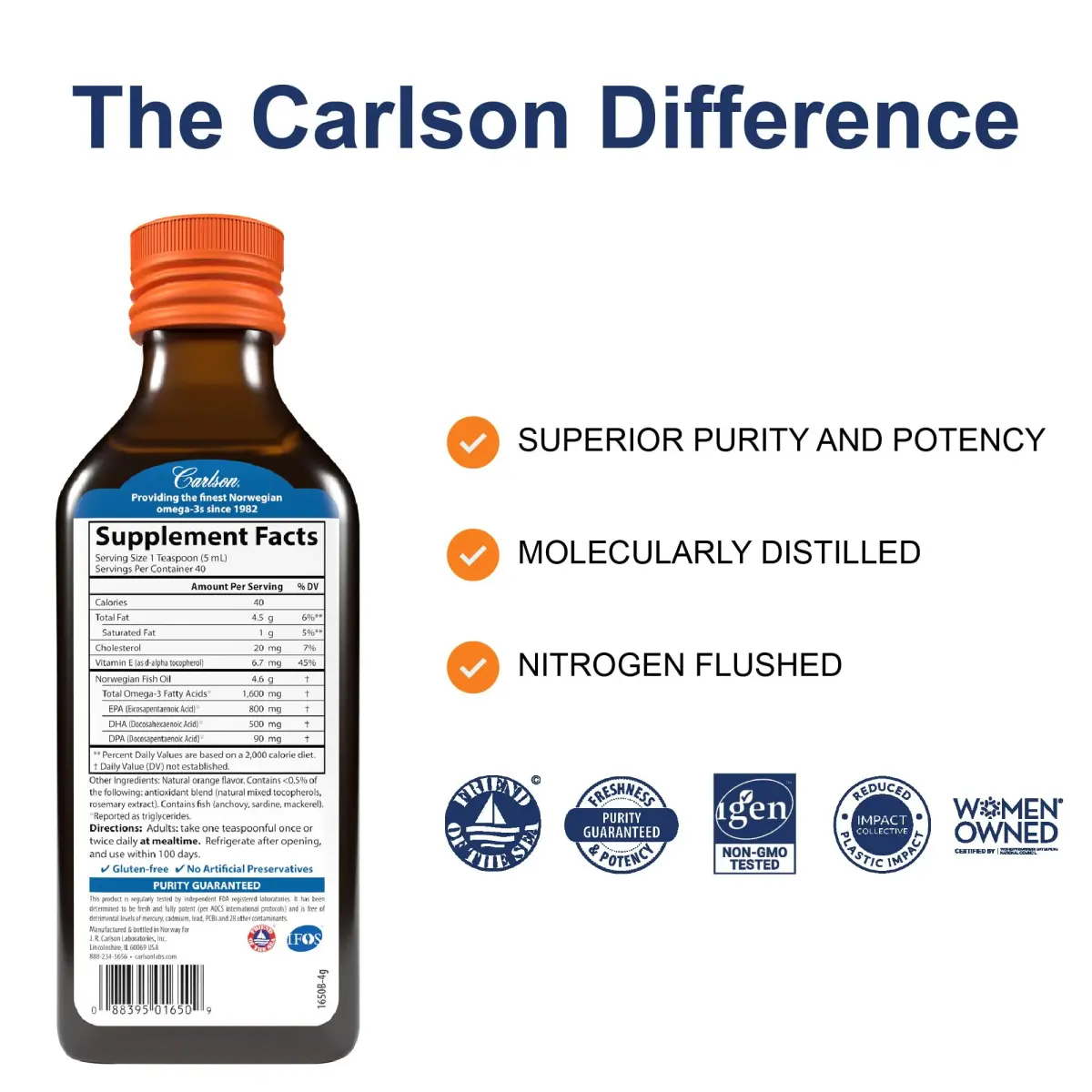 Carlson The Very Finest Fish Oil Liquid 200ml (6.7 Fl Oz) | 1600mg Omega-3s for Heart, Brain, Joints - view 2