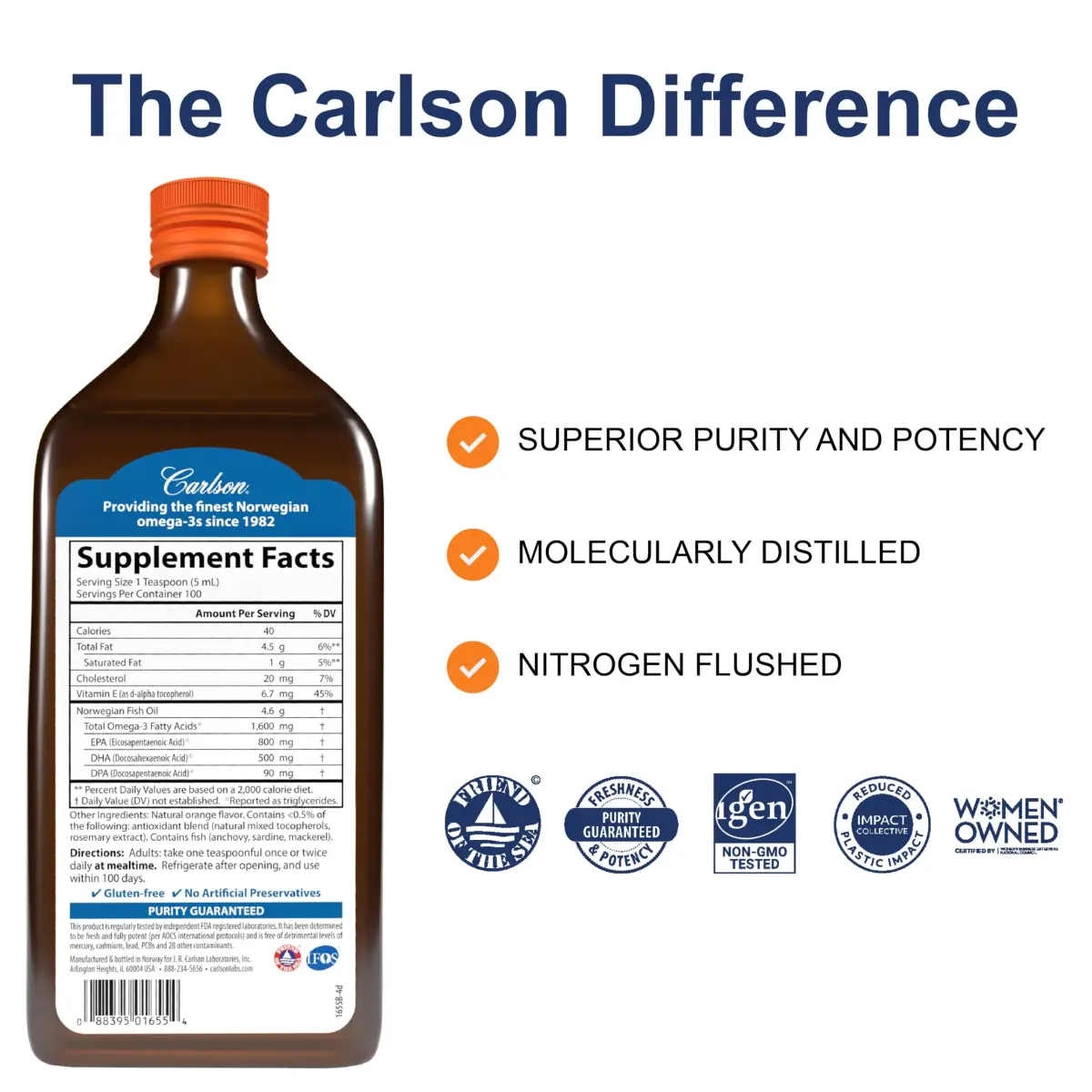 Carlson The Very Finest Fish Oil Liquid 500 mL (16.9 Fl Oz) | IFOS Certified Omega-3s - view 2