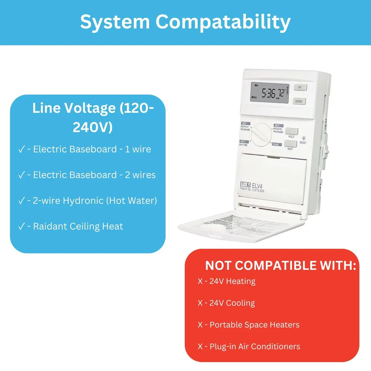 LUX ELV4 Programmable Line Voltage Thermostat | 5/2-Day Heating Control, Wall Mount, 120/240V - view 5