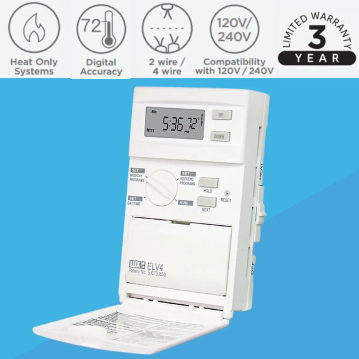 LUX ELV4 Programmable Line Voltage Thermostat | 5/2-Day Heating Control, Wall Mount, 120/240V - view 2