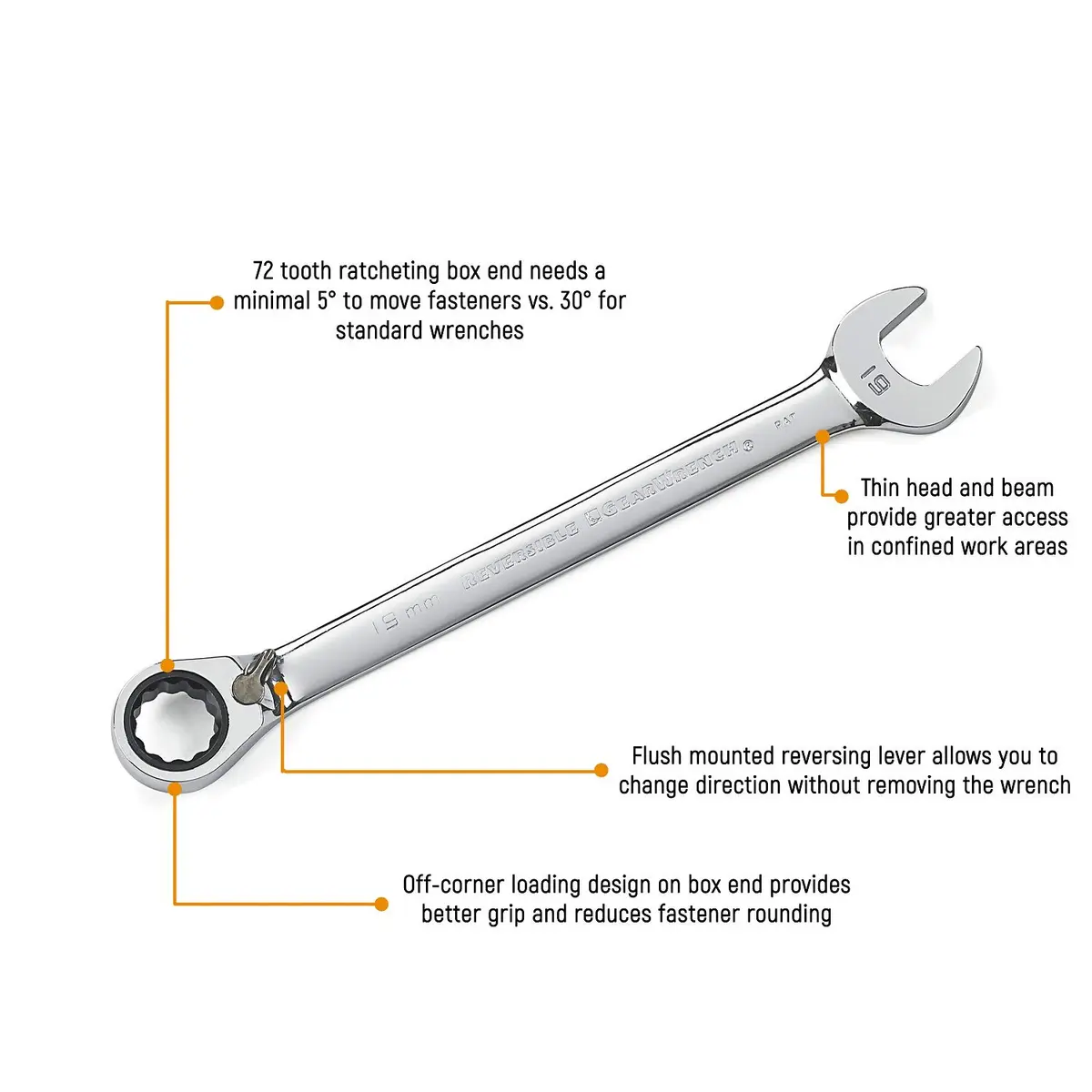 GEARWRENCH 8 Pc 72T Reversible Ratcheting Combination mm Wrench Set | Alloy Steel, 8mm-19mm, Polished - view 2