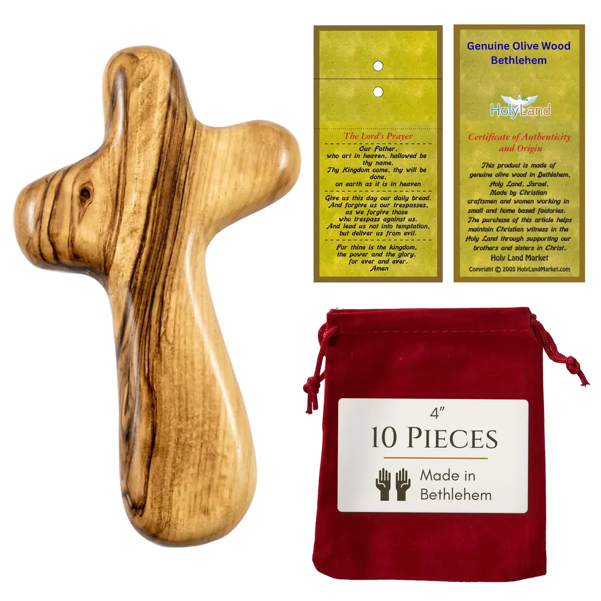 Holy Land Market Olive Wood Comfort Cross 4 Inch | Handcrafted Bethlehem Faith Symbol - main product image