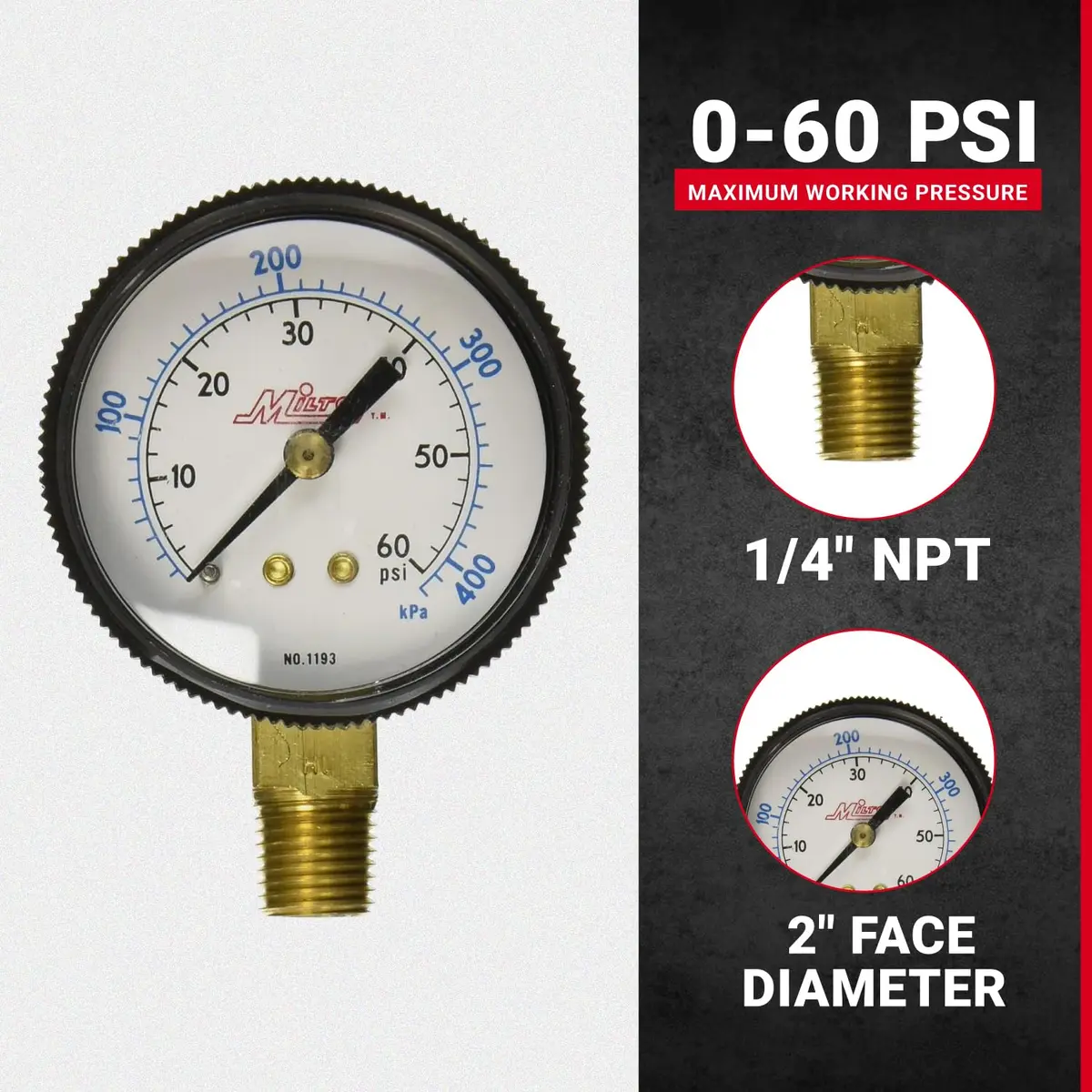 Milton 1193 Pressure Dial Gauge, Brass, 0-60 PSI, 1/4" NPT Bottom Mount | Accurate Industrial Measurement - view 2