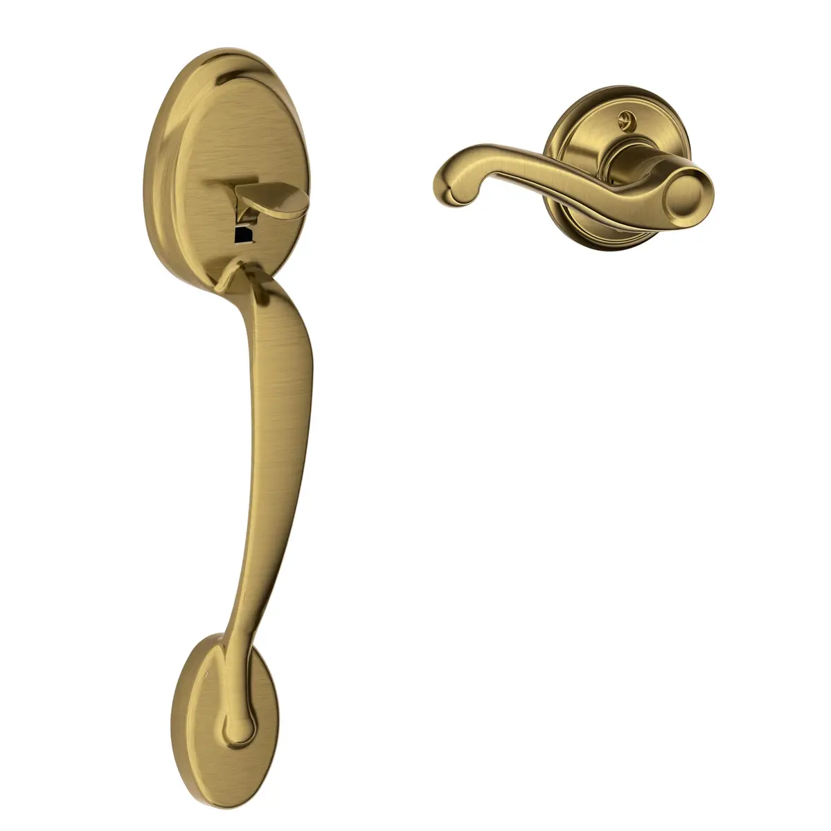 SCHLAGE Plymouth Entry Handleset, Right Hand Flair Lever, Antique Brass | Vintage Door Hardware - main product image
