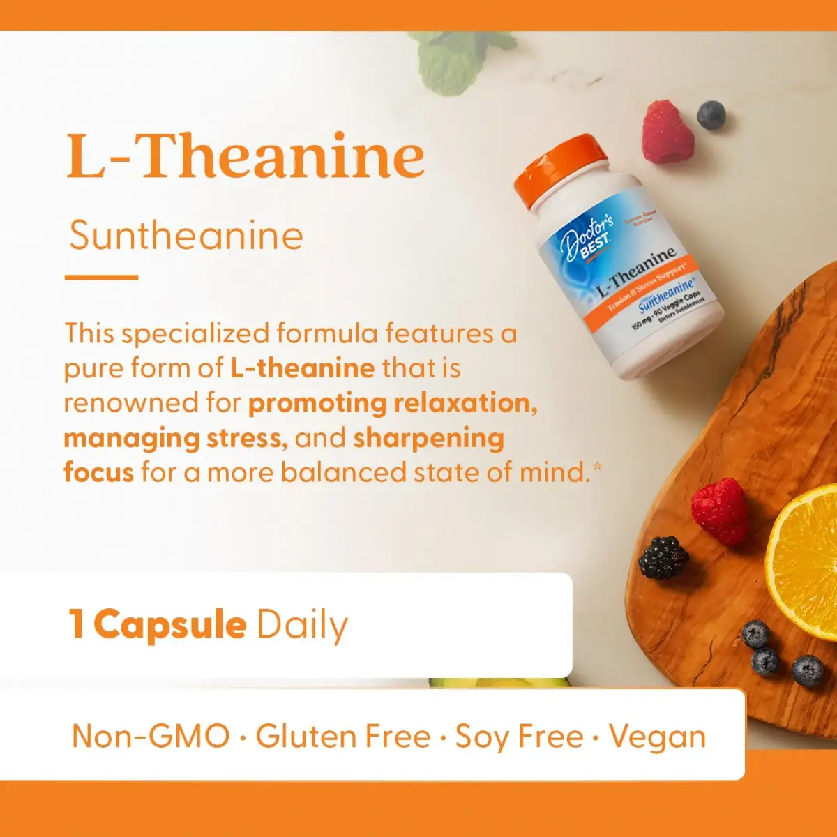 Doctor's Best L-Theanine Suntheanine 150 mg 90 Count Veggie Capsules | Stress Reduction & Focus Support - view 2