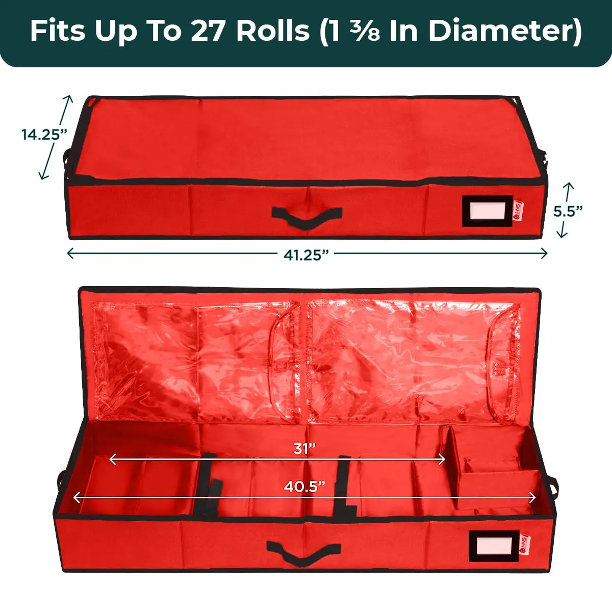 HOLDN’ STORAGE Premium Wrapping Paper Storage Container - Durable 600D Tear-Proof, Fits 27 Rolls Gift Wrap, Extra Pockets for Ribbons & Bows, Underbed Storage - view 3