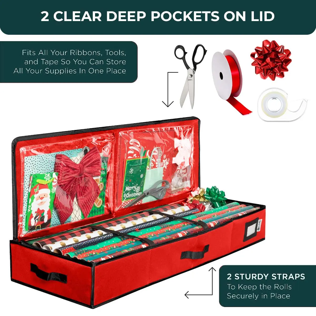 HOLDN’ STORAGE Premium Wrapping Paper Storage Container - Durable 600D Tear-Proof, Fits 27 Rolls Gift Wrap, Extra Pockets for Ribbons & Bows, Underbed Storage - view 4