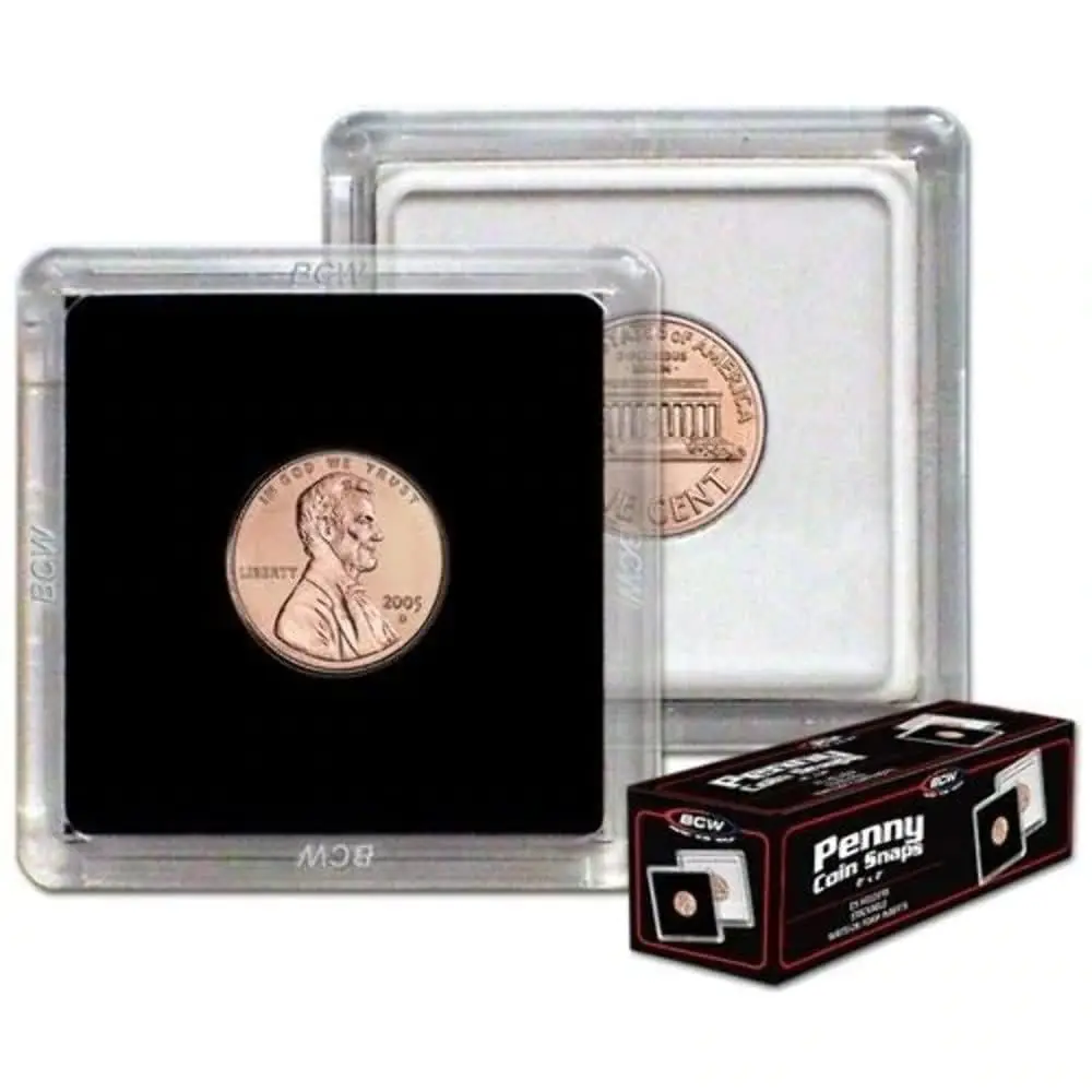 BCW 2x2 Coin Snap - 25 ct Penny Holder | Archival Safe Coin Protector | Crystal Clear Polystyrene Coin Display Case | Ideal for US Lincoln Penny - main product image