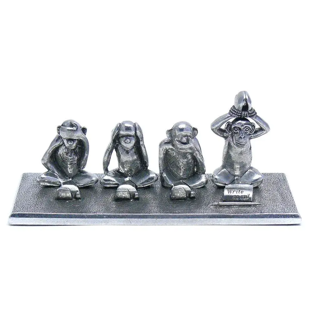 Jac Zagoory Write No Evil 4 Monkeys Pewter Pen Stand 15.7cm (6 inches) | Hand-Finished USA Artistry - main product image