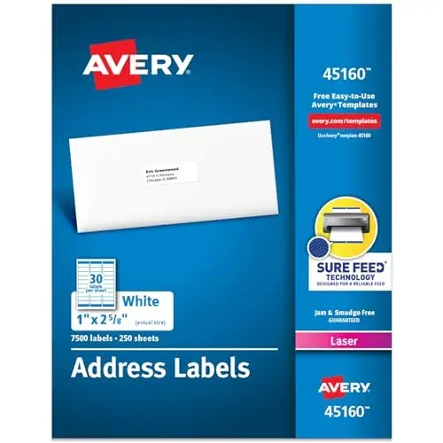 Avery Easy Peel Printable Address Labels 1" x 2-5/8" White 7,500 Labels | Sure Feed Technology for Laser Printers - main product image