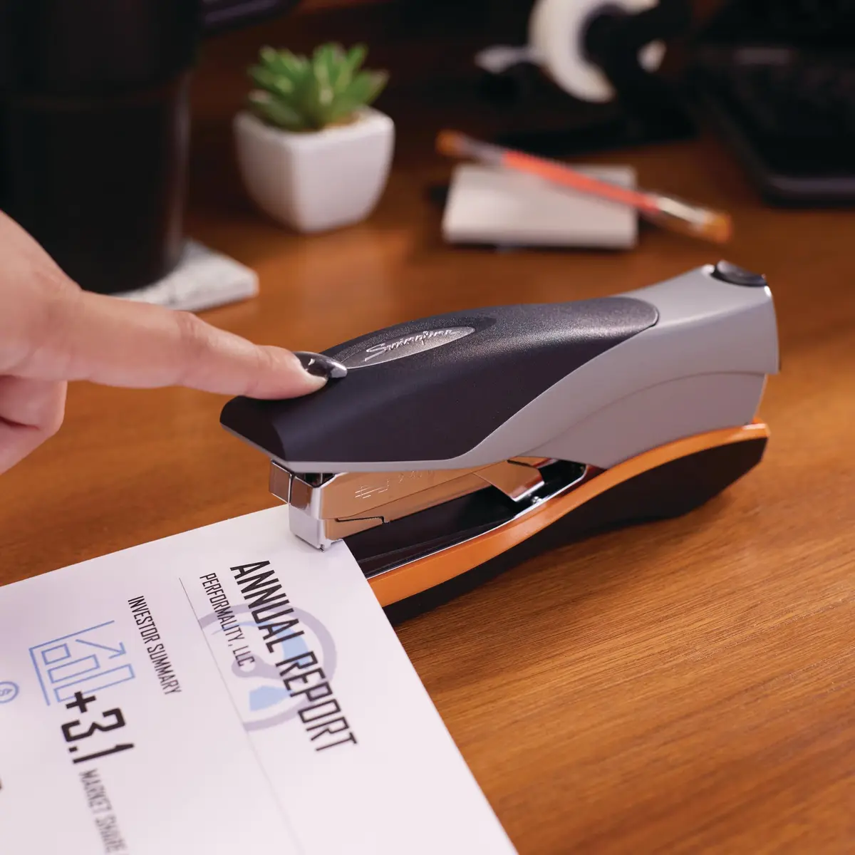 Swingline Stapler 40 Sheet Capacity Optima 40 Jam Free Soft Grip Orange and Gray | Reduced Effort Desktop Stapler - view 3