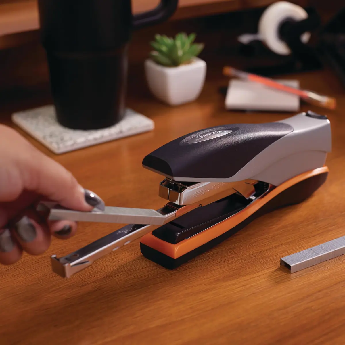 Swingline Stapler 40 Sheet Capacity Optima 40 Jam Free Soft Grip Orange and Gray | Reduced Effort Desktop Stapler - view 4