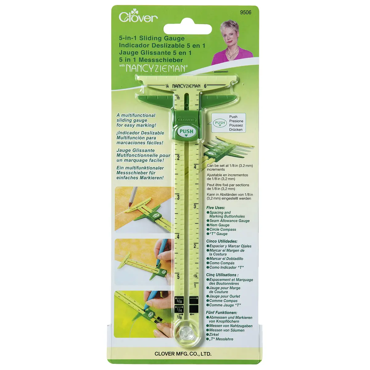 Clover 9506 5 in 1 Sliding Gauge with Nancy Zieman | Sewing & Craft Tool Adjustable 9.13 x 4 in - main product image