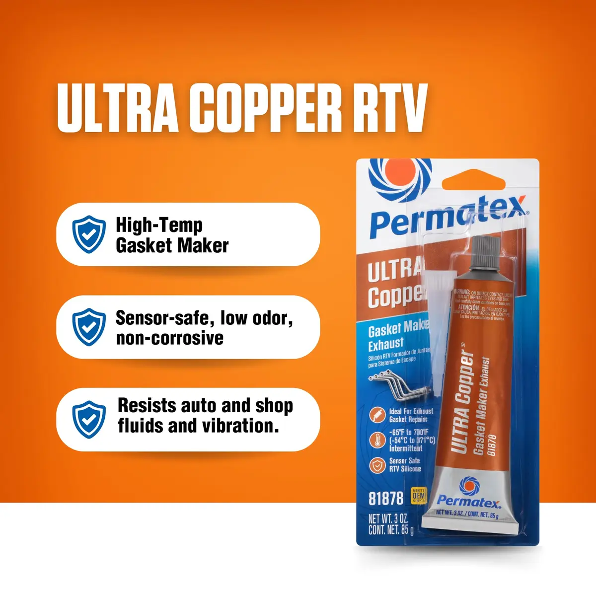 Permatex Ultra Copper Maximum Temperature RTV Silicone Gasket Maker 3 oz (89ml) Tube | High Heat Sealant for Engines - view 3