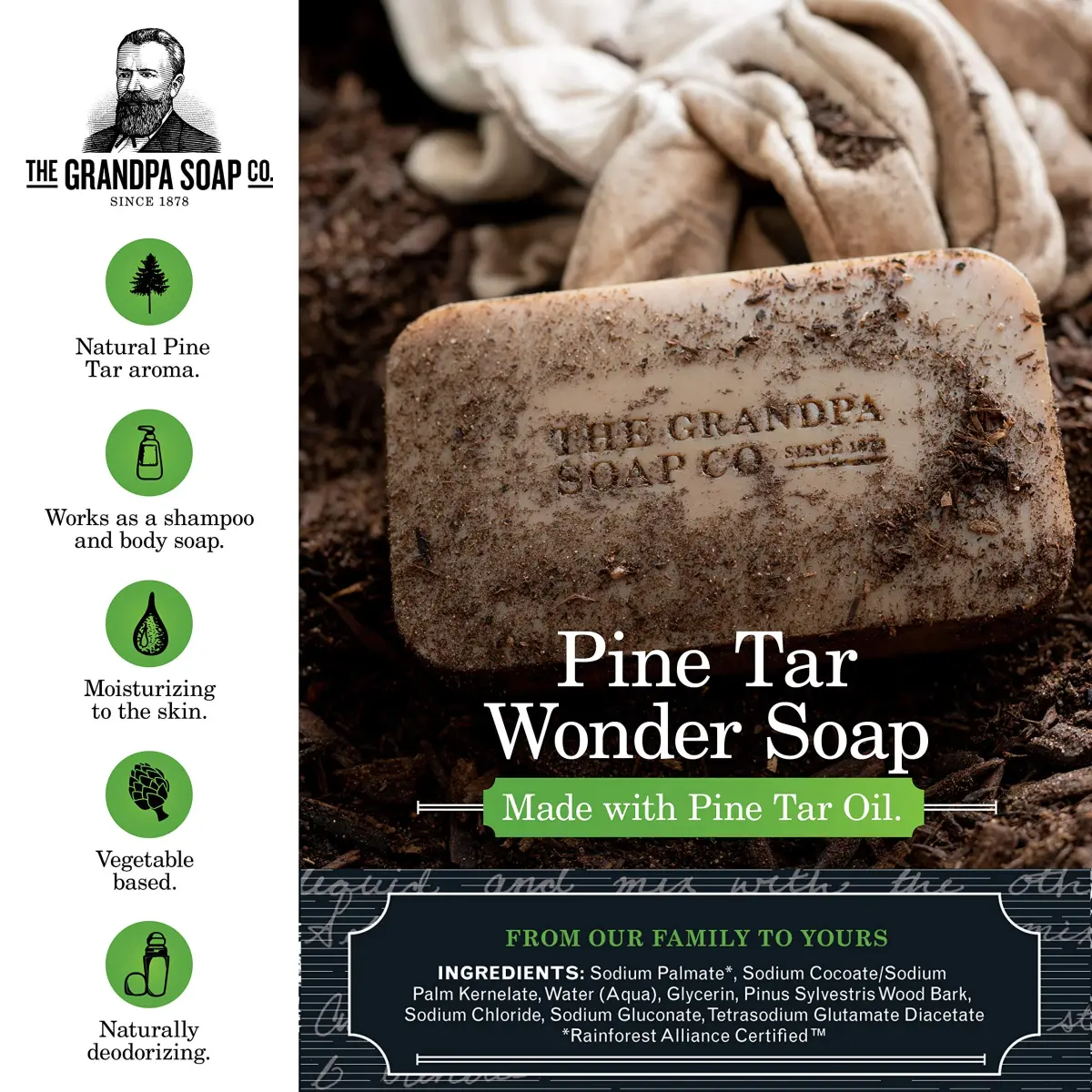 Grandpa's Pine Tar Soap 4.25 oz (120.5 g) | Natural Vegetable-Based Cleanser for Skin Irritations - view 2