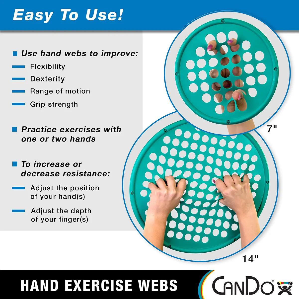 CanDo Hand Exercise Webs for Physical Therapy, Grip Strengthening, and Hand, Finger, Wrist Resistance Workouts, Portable Size, Latex Free, 14" Diameter (XX-Light) - view 4