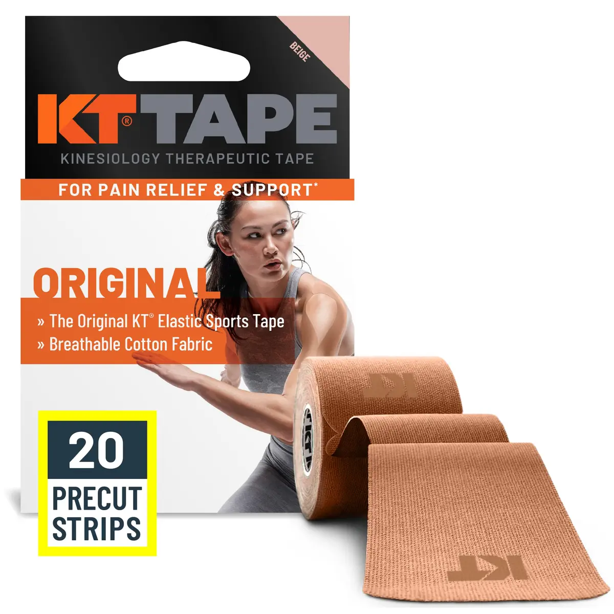 KT Tape, Original Cotton, Elastic Kinesiology Tape, 20 Precut Strips, Beige | Daily Muscle & Joint Support - main product image