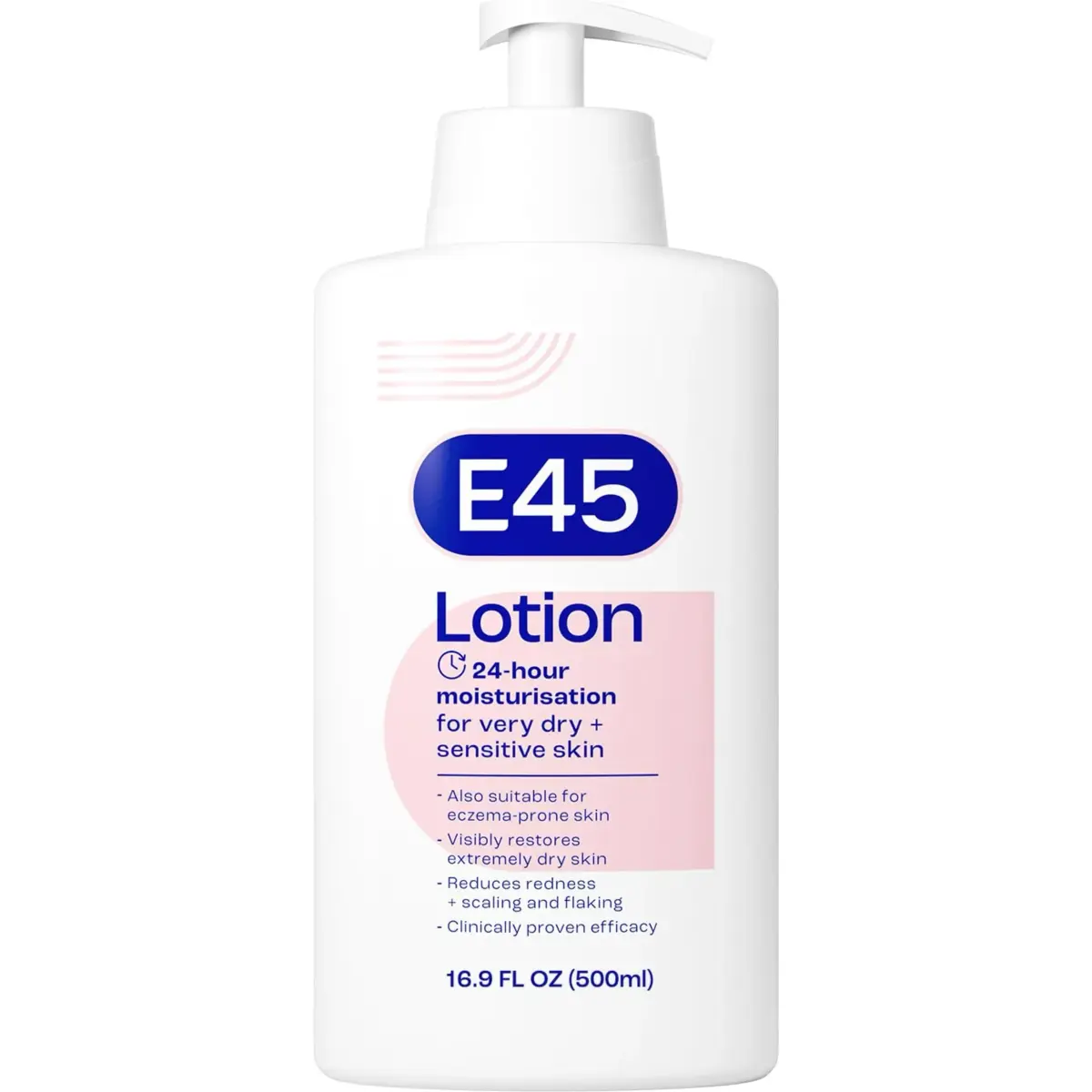 E45 Moisturising Lotion for Sensitive Skin, Fragrance-Free, 500 ml (16.9 fl oz) | Dermatologically Tested for 24-Hour Hydration - main product image