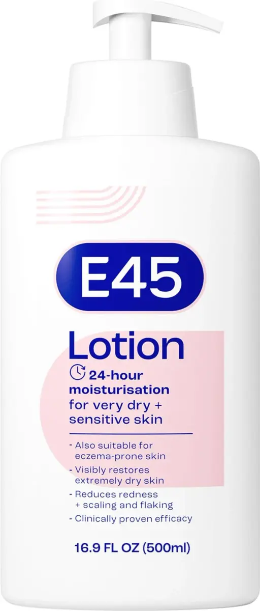 E45 Moisturising Lotion for Sensitive Skin, Fragrance-Free, 500 ml (16.9 fl oz) | Dermatologically Tested for 24-Hour Hydration - main product image