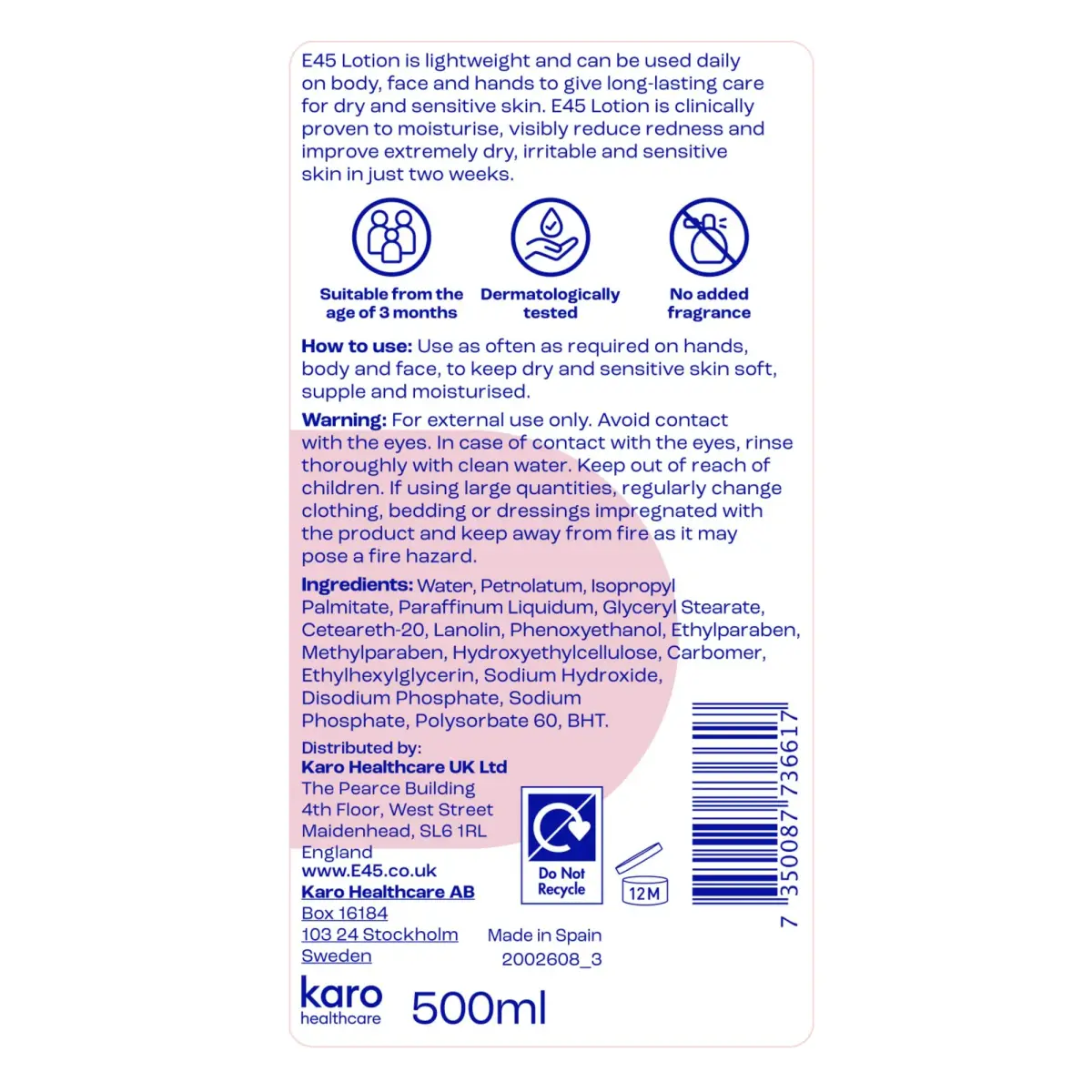 E45 Moisturising Lotion for Sensitive Skin, Fragrance-Free, 500 ml (16.9 fl oz) | Dermatologically Tested for 24-Hour Hydration - view 7