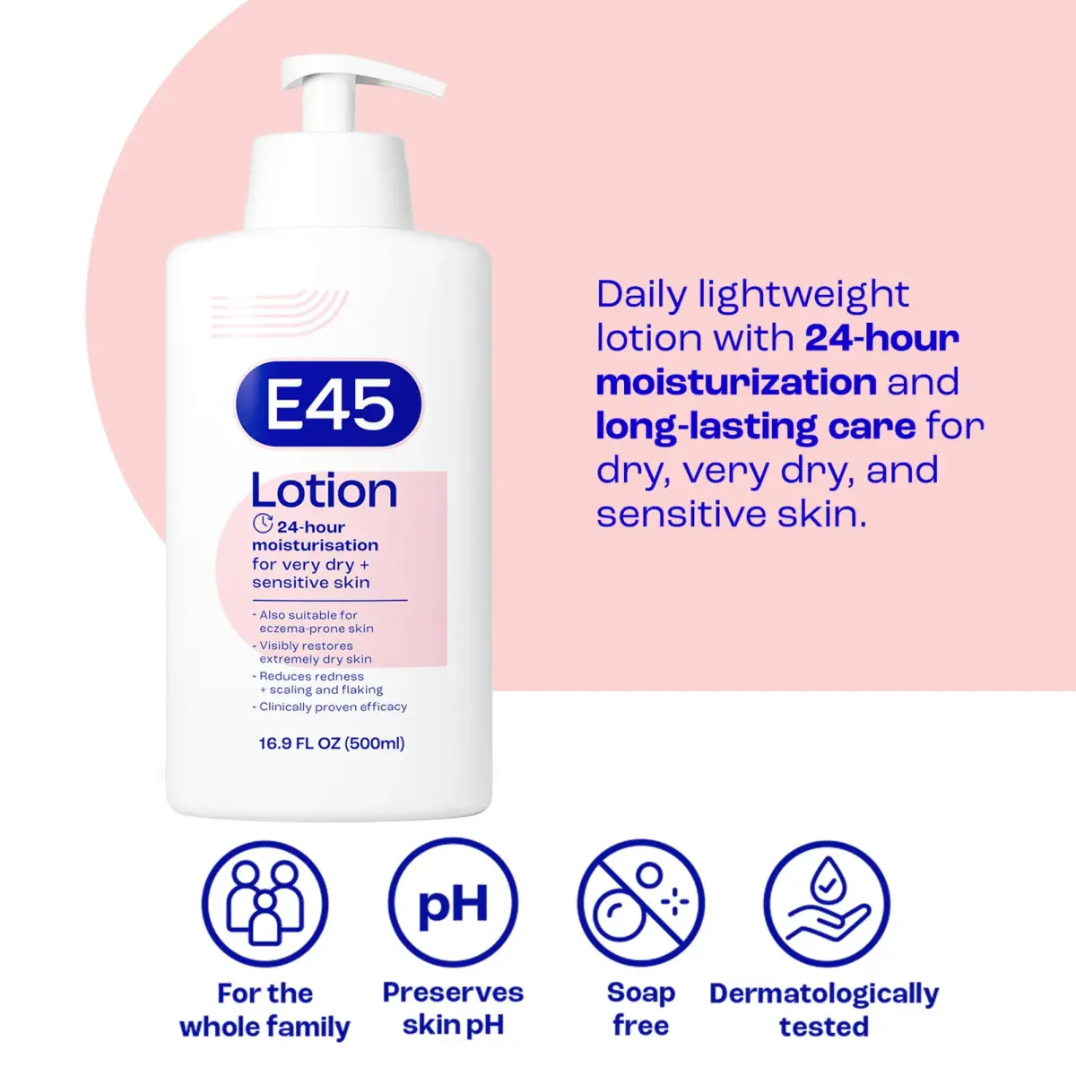 E45 Moisturising Lotion for Sensitive Skin, Fragrance-Free, 500 ml (16.9 fl oz) | Dermatologically Tested for 24-Hour Hydration - view 2