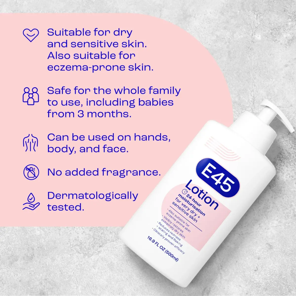 E45 Moisturising Lotion for Sensitive Skin, Fragrance-Free, 500 ml (16.9 fl oz) | Dermatologically Tested for 24-Hour Hydration - view 4