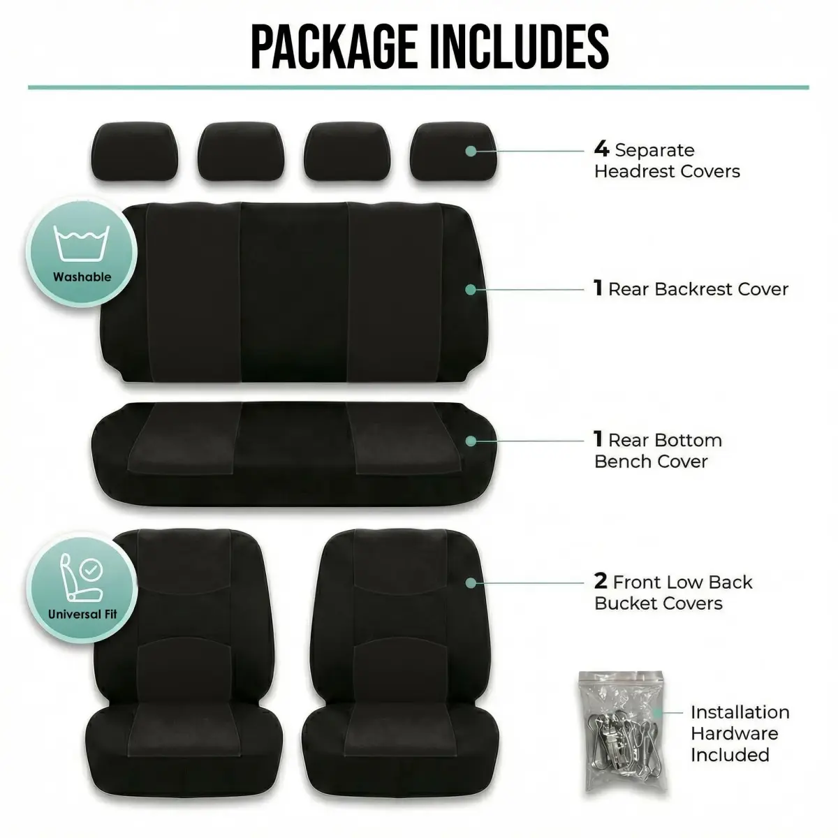 FH Group Full Set Cloth Car Seat Covers Black | Universal Fit Automotive Seat Covers for SUV, Sedan, Van - view 7