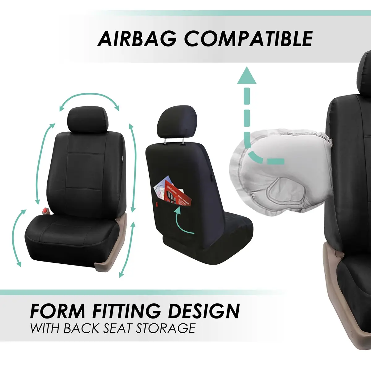 FH Group Front Set PU Leather Car Seat Covers for Low Back Seat with Removable Headrest | Universal Fit & Airbag Compatible, Black - view 5