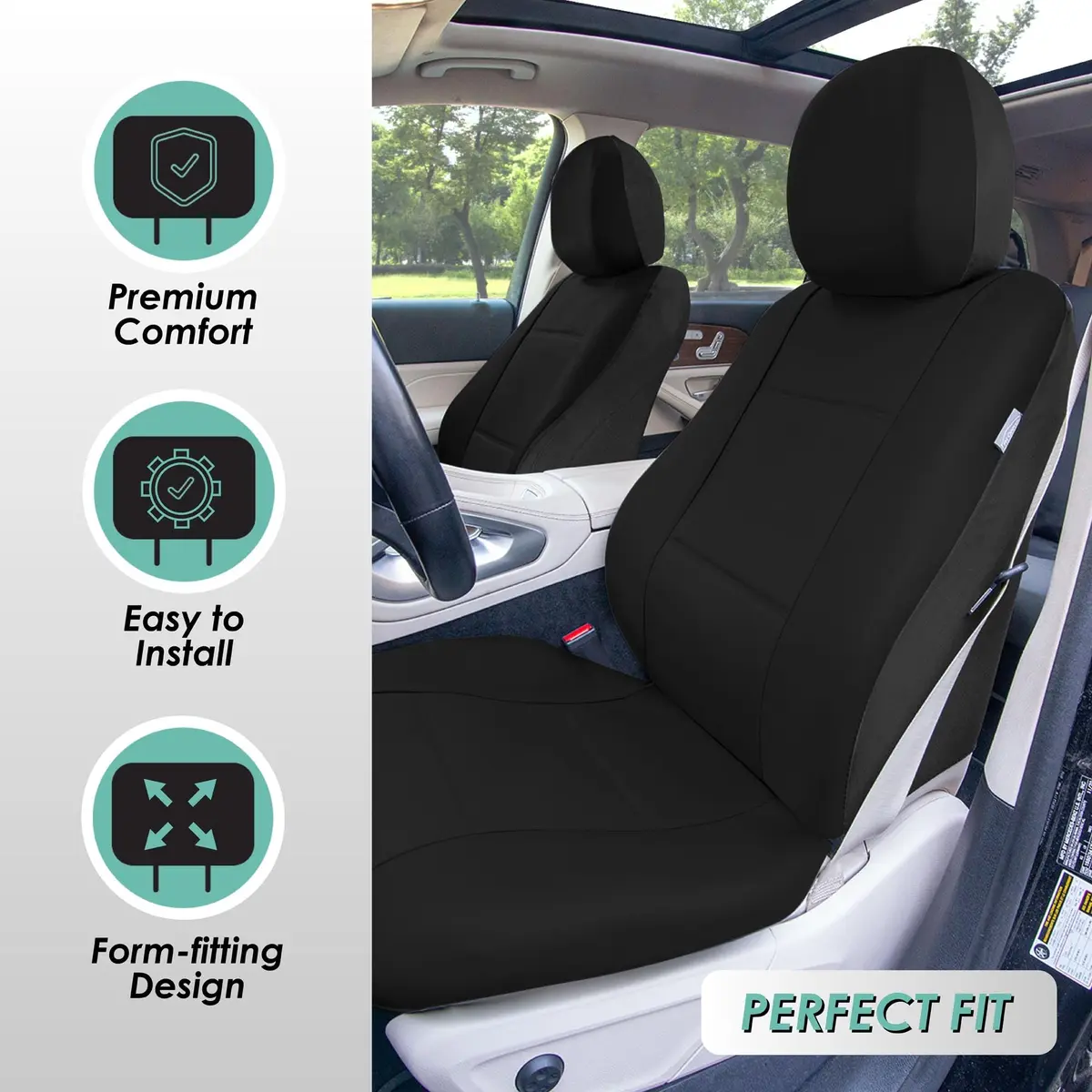 FH Group Front Set PU Leather Car Seat Covers for Low Back Seat with Removable Headrest | Universal Fit & Airbag Compatible, Black - view 3