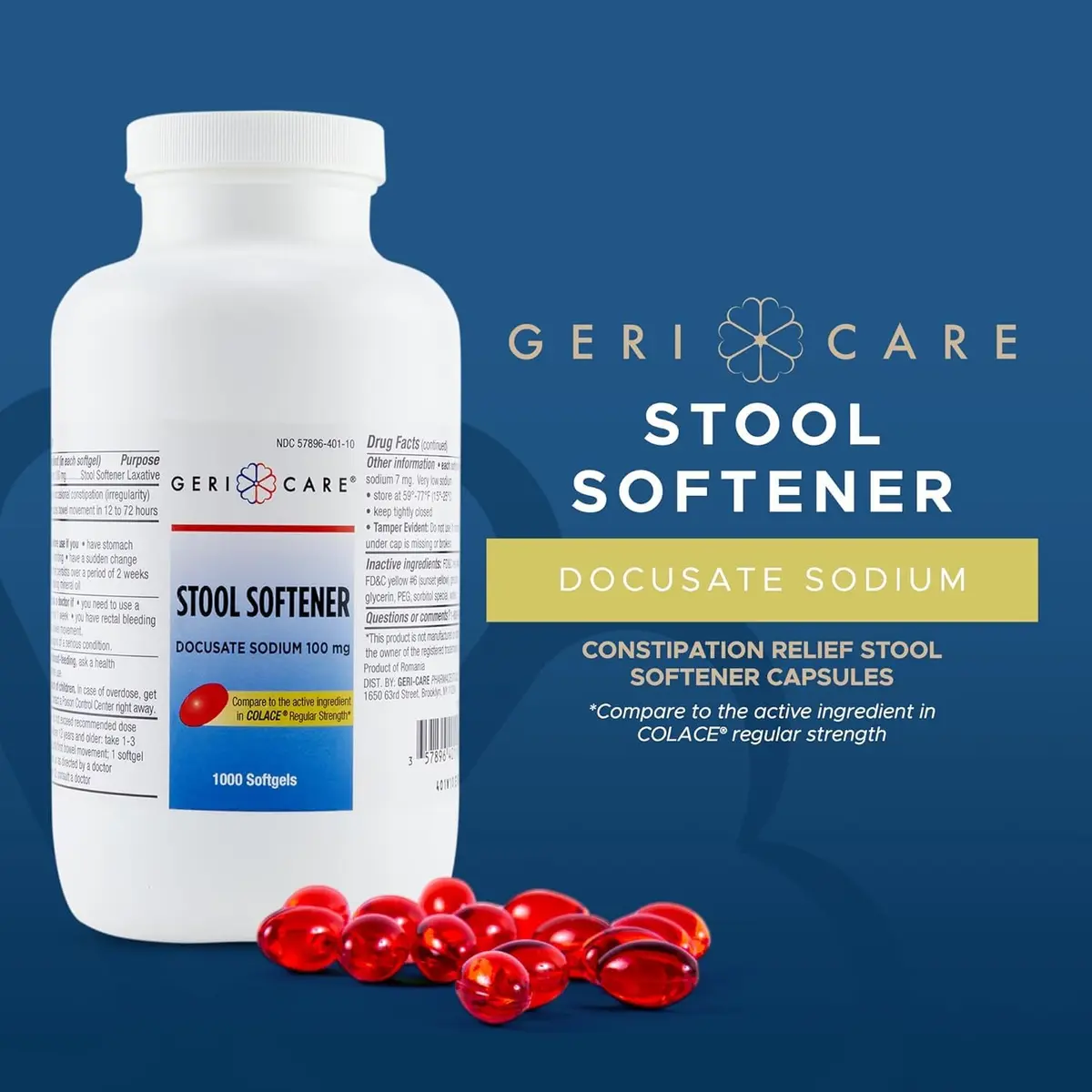 GeriCare Docusate Sodium Stool Softener 100mg | 1000 Gel Caps for Constipation Relief - view 2