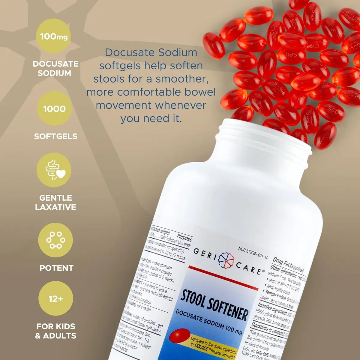 GeriCare Docusate Sodium Stool Softener 100mg | 1000 Gel Caps for Constipation Relief - view 3