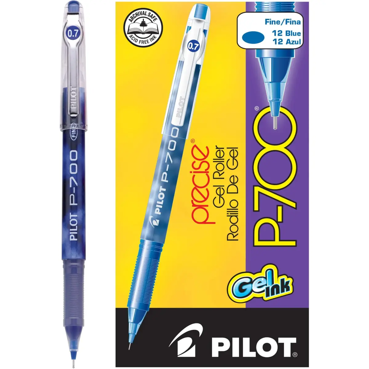 Pilot Precise P-700 Gel Ink Rollerball Pens, Fine Point 0.7mm, Blue Ink, 12-Pack | Smooth Writing & Smudge-Proof - main product image